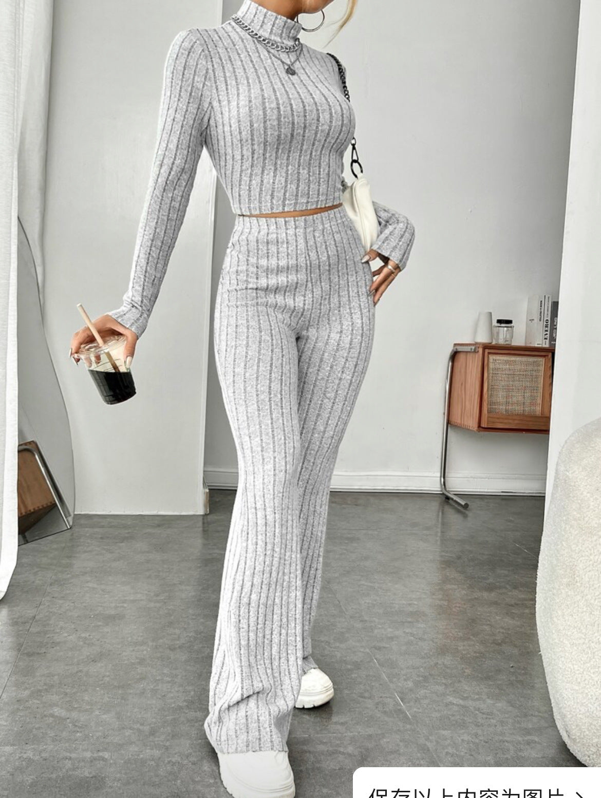 Long Sleeve Turtlenecks Wide Leg High Waist Trousers Suit