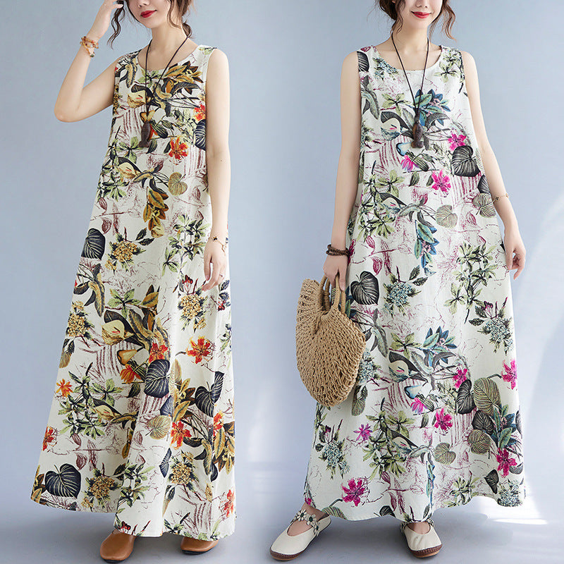 Printed Cotton Linen Round Neck Sleeveless Dress Women's